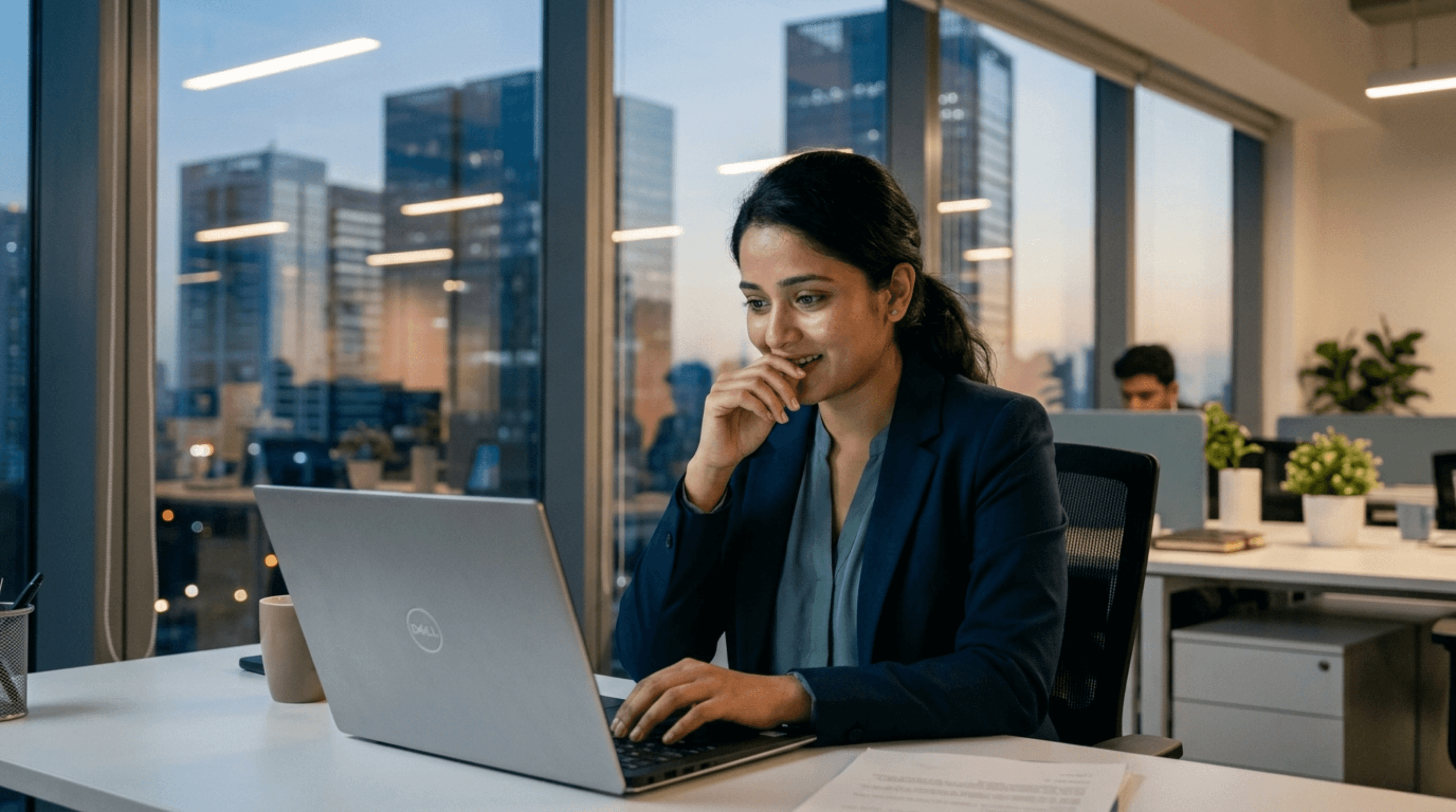 Young CPA candidate reviewing job opportunities on a laptop in a modern corporate office, representing finance and accounting professionals pursuing careers in Big 4 firms and Global Capability Centers (GCCs) in India.